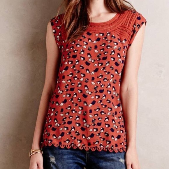 Anthropologie Meadow Rue Red Bird Print Blouse Top‎ Womens Size XS Keyhole Back - Picture 1 of 8